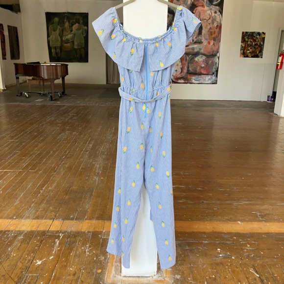 Blue and white striped jumpsuit, embroidered with pineapples and fabric belt - Picture 6 of 10